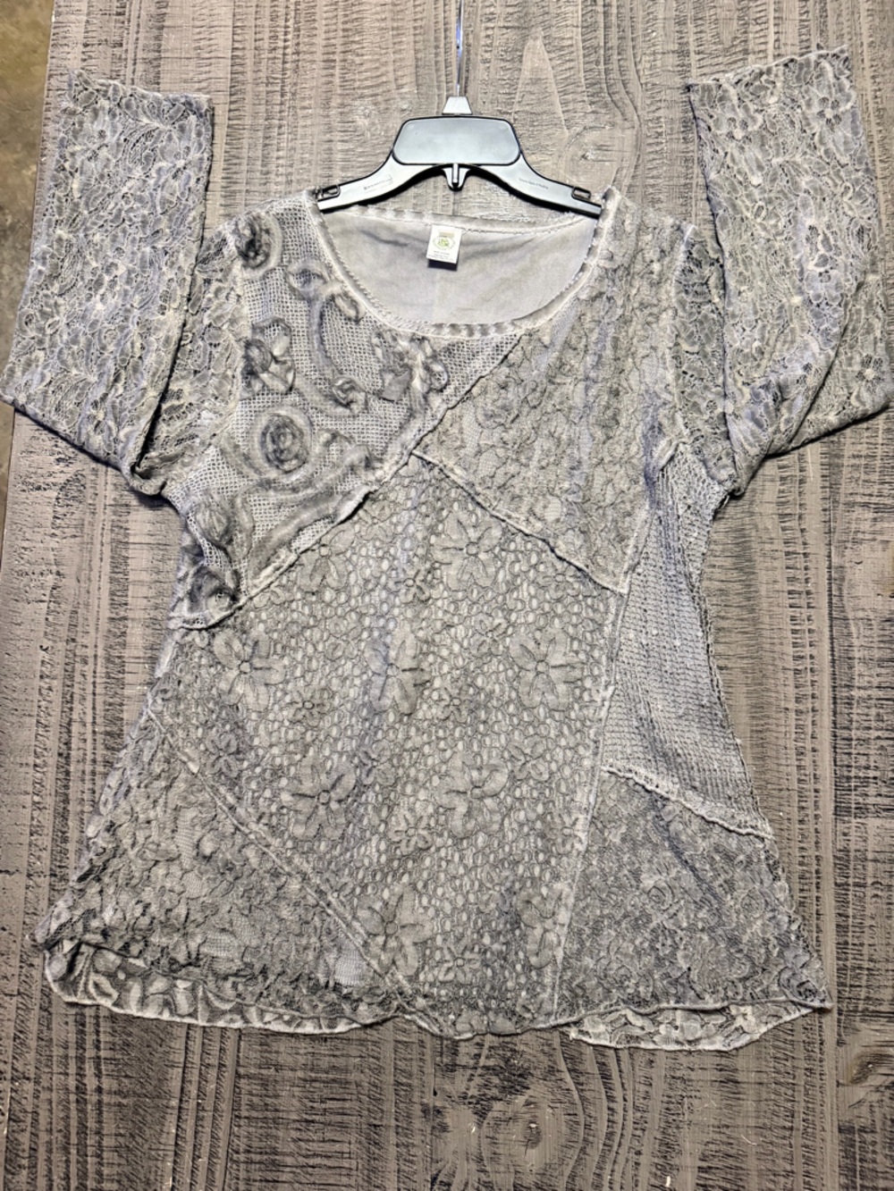 Textured Lace Roses w Patchwork Tunic Top Gray by This & That International Co.